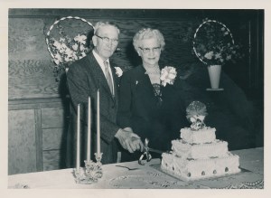 Golden wedding anniversary in 1957 of Carl T. and Ellen Bonde in Kalispell